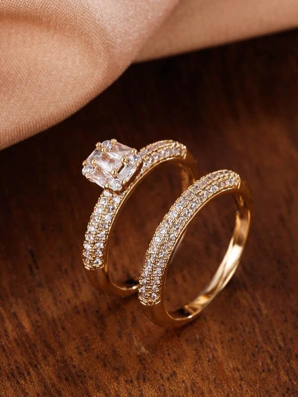 2 peças Anel Prata ou Dourado com Decoração de Zircão